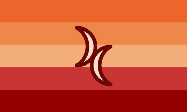 fruitful flag a five-striped horizontal flag, with the following colors from top to bottom: medium orange, light orange, pale orange, light rose, dark red. in the center of the flag is the double crescent symbol: two crescent moons curving away from each other, and touc