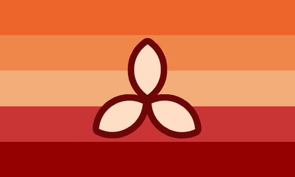 fruitful flag a five-striped horizontal flag, with the following colors from top to bottom: medium orange, light orange, pale orange, light rose, dark red. in the center of the flag is a stylized trillium flower: three oval-shaped petals, the top one perfectly vertical,