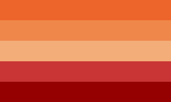 a five-striped horizontal flag, with the following colors from top to bottom: medium orange, light orange, pale orange, light rose, dark red